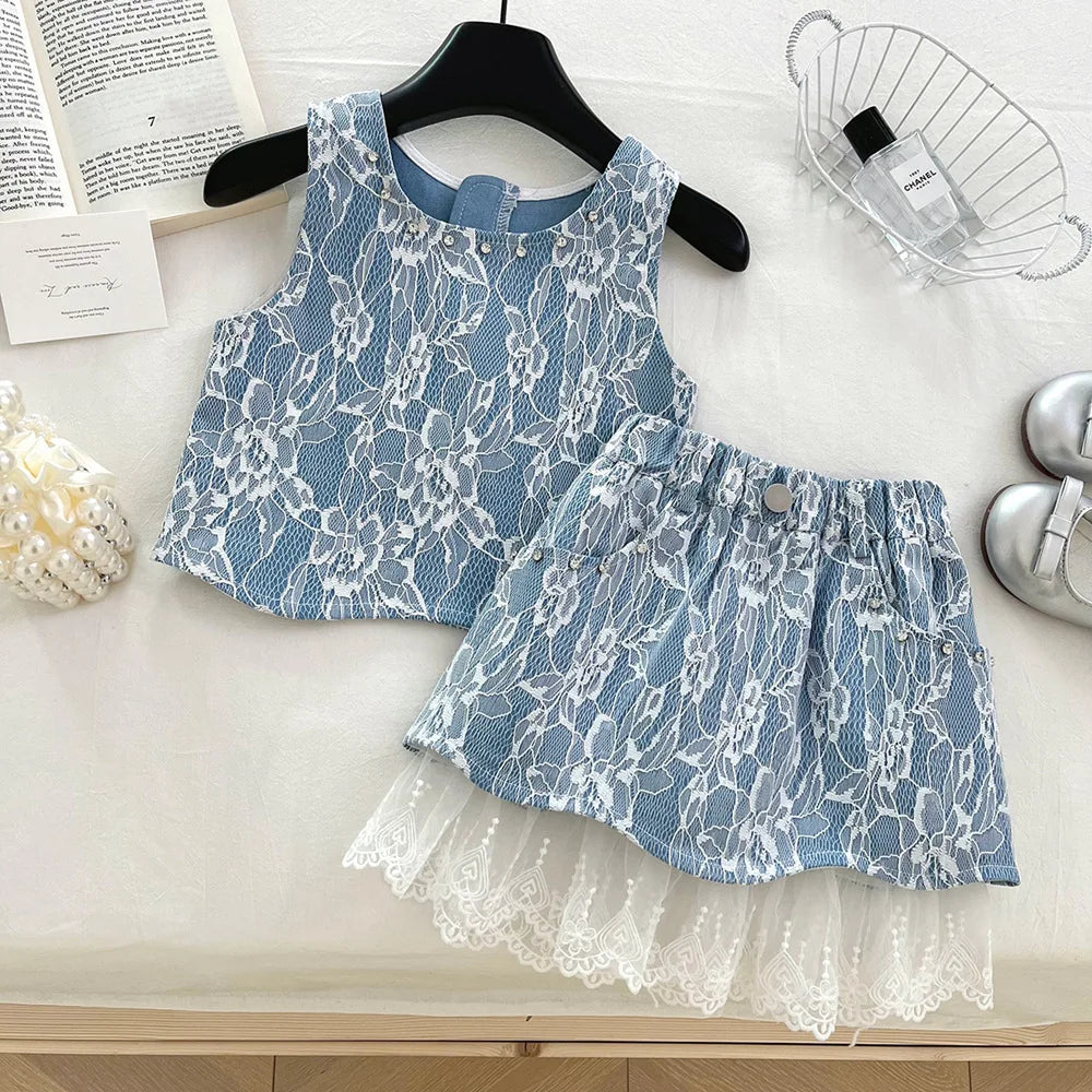 بنات' بدلة 2 جديد صيف lace دينم فيست توب جيب طقم قطعتين