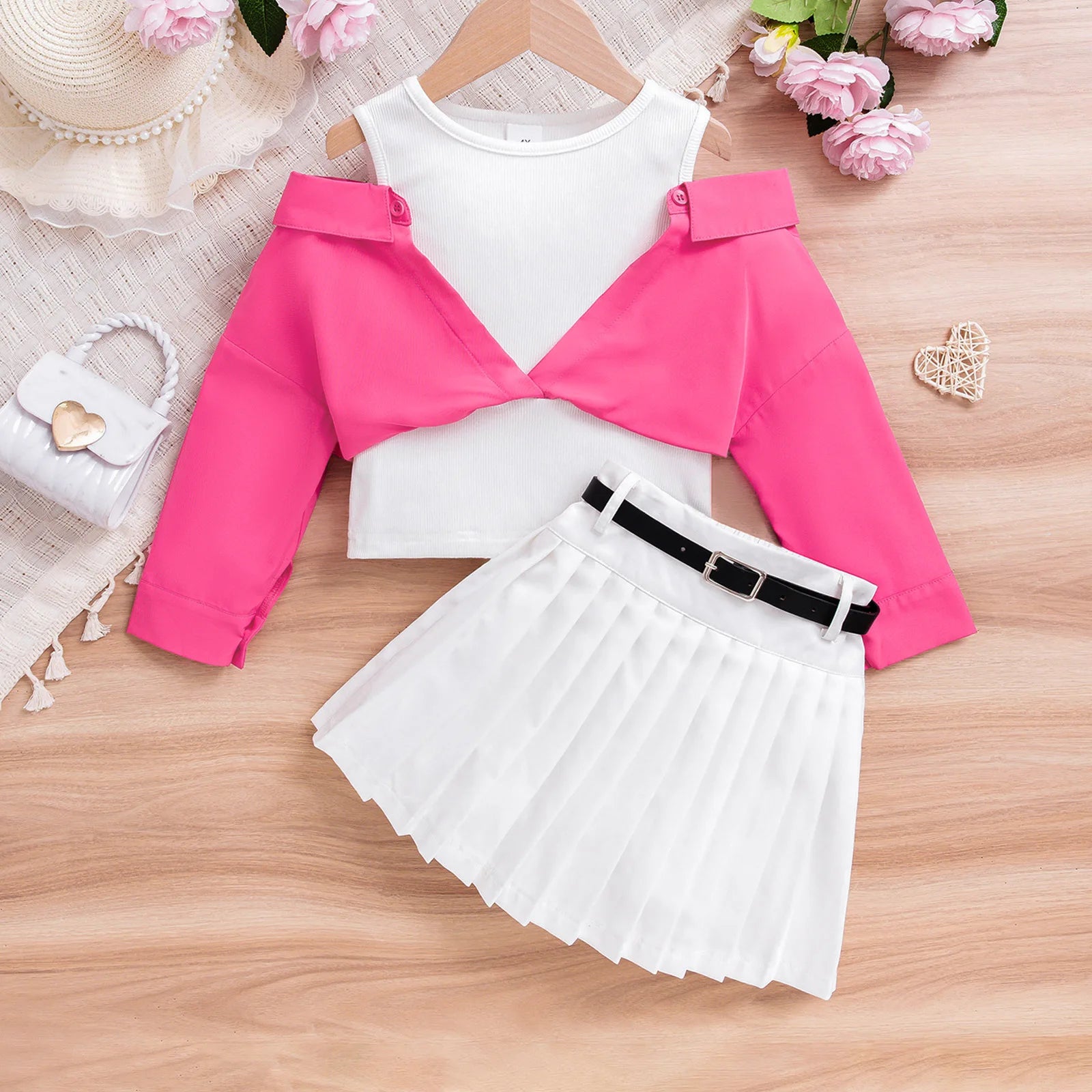 بنات suits for صيف hot-selling off-shoulder طويل-sleeved tops waist-hugging بليسيه جيب belt three-piece طقم