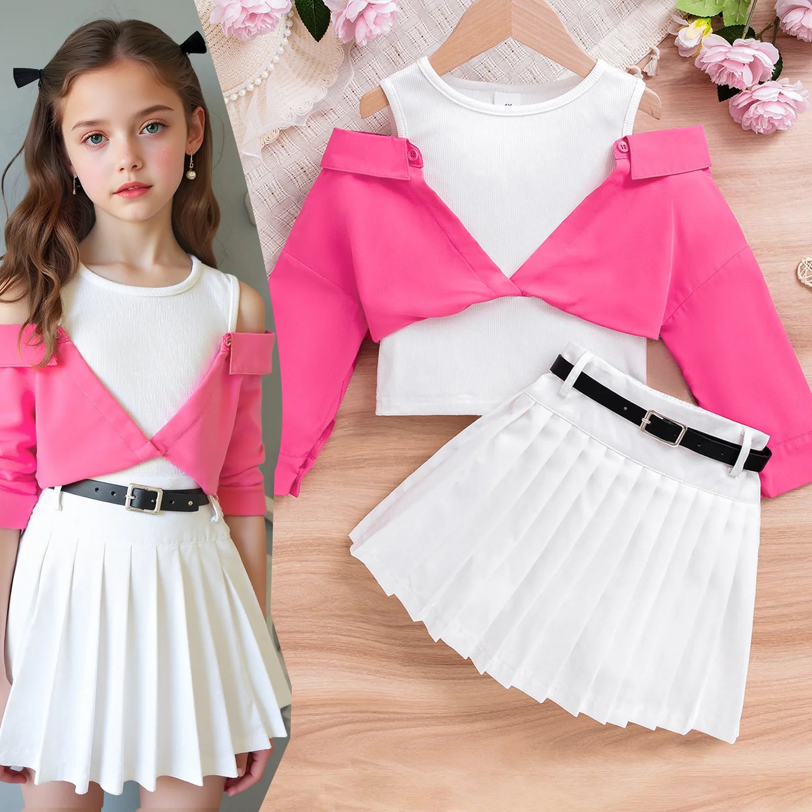بنات suits for صيف hot-selling off-shoulder طويل-sleeved tops waist-hugging بليسيه جيب belt three-piece طقم