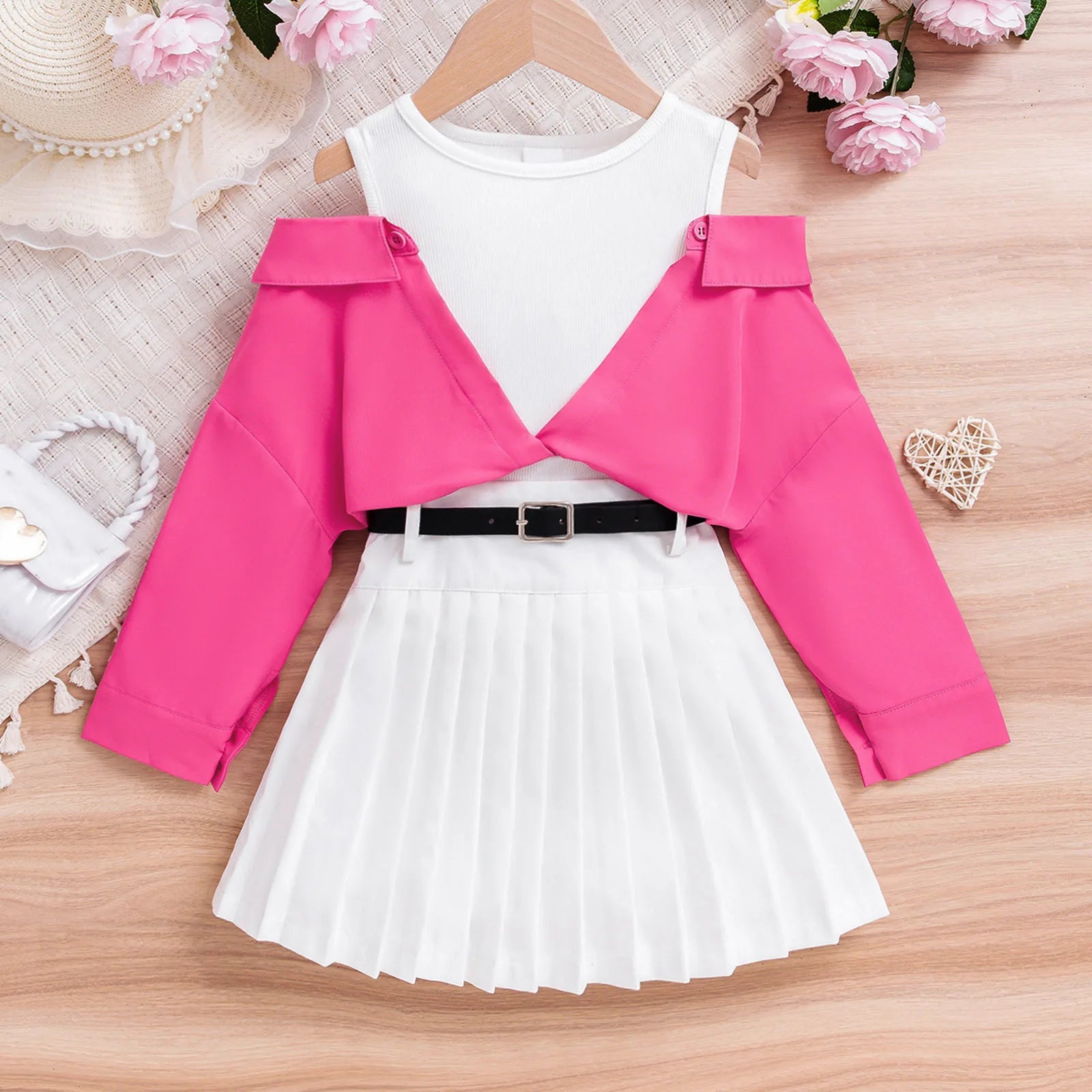 بنات suits for صيف hot-selling off-shoulder طويل-sleeved tops waist-hugging بليسيه جيب belt three-piece طقم