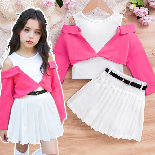 بنات suits for صيف hot-selling off-shoulder طويل-sleeved tops waist-hugging بليسيه جيب belt three-piece طقم