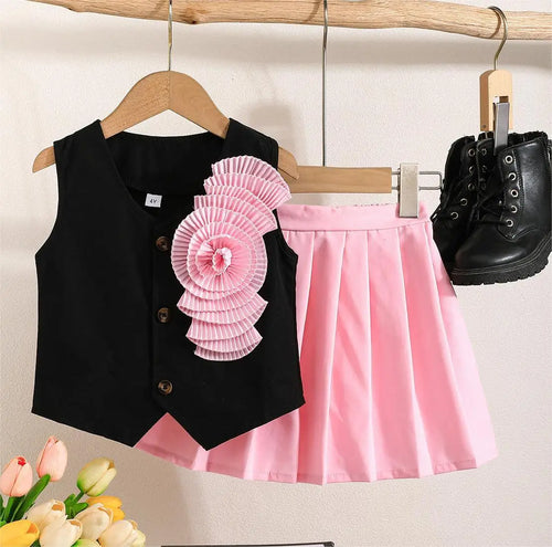 بنات' صيف كاجوال academic ستايل توب بليسيه جيب طقم black بدون أكمام satin floral pink korean ستايل غربي inspired cotton