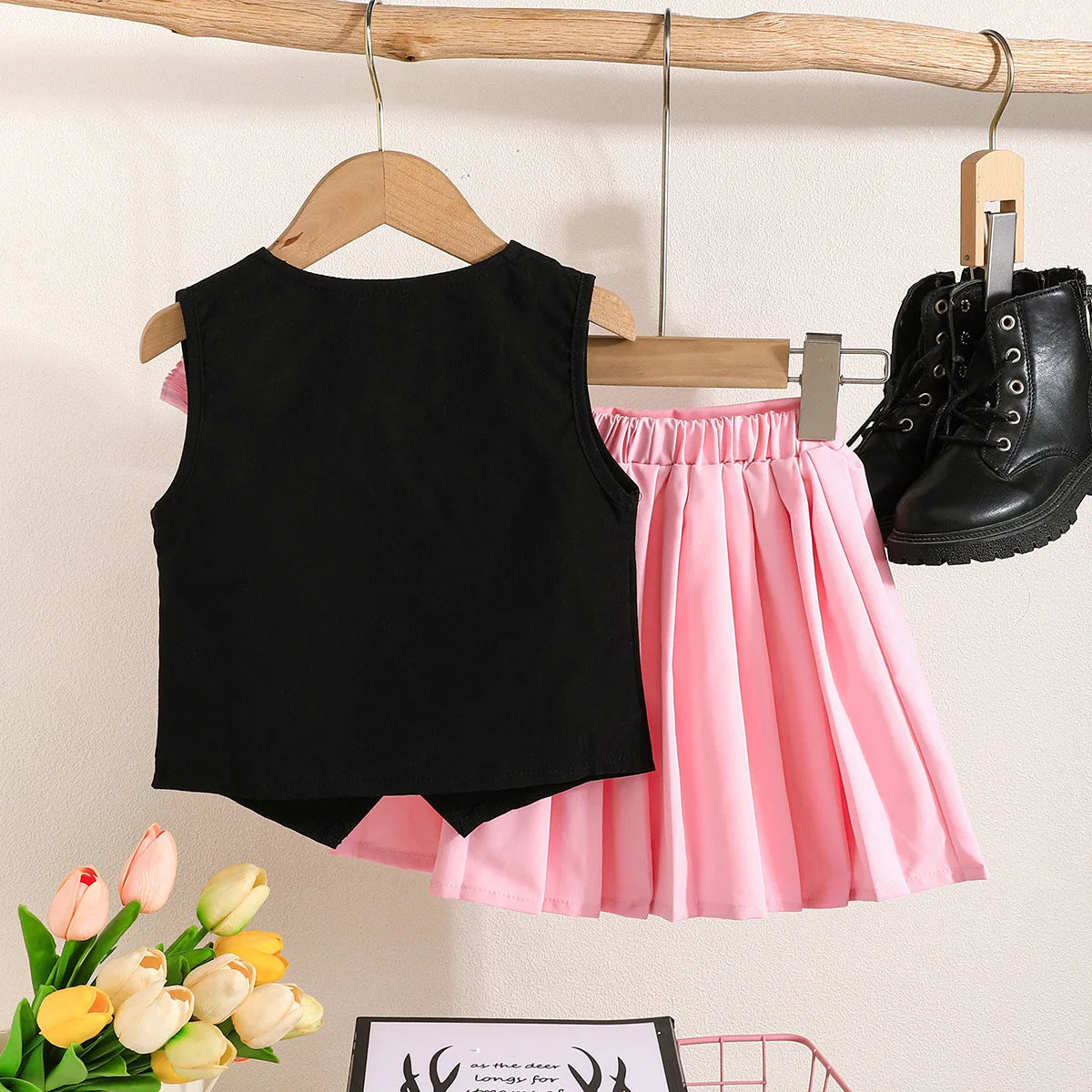 بنات' صيف كاجوال academic ستايل توب بليسيه جيب طقم black بدون أكمام satin floral pink korean ستايل غربي inspired cotton