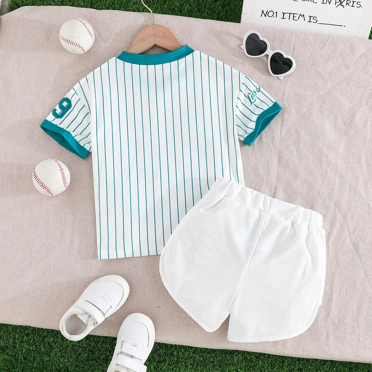 بنات' صيف sports ستايل طقم with blue and green stripes 79 أكمام قصيرة توب and sports shorts طقم
