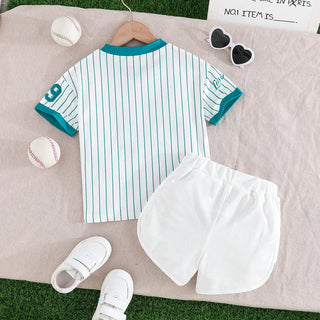 بنات' صيف sports ستايل طقم with blue and green stripes 79 أكمام قصيرة توب and sports shorts طقم