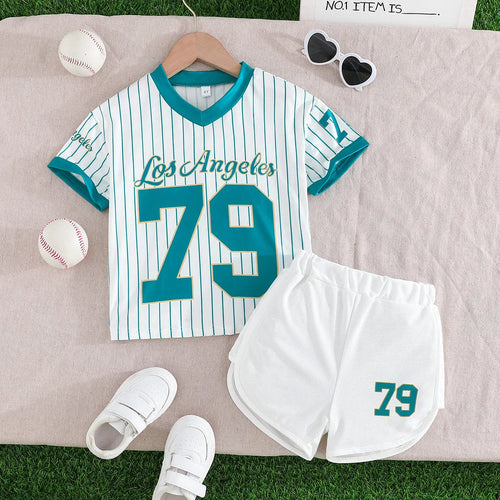 بنات' صيف sports ستايل طقم with blue and green stripes 79 أكمام قصيرة توب and sports shorts طقم