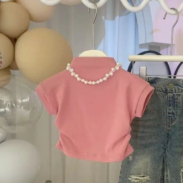 بنات صيف طقم قطعتين جديد كاجوال print ستايل أكمام قصيرة jeans and t-shirt foreign ستايل baby بنت and women's outfit