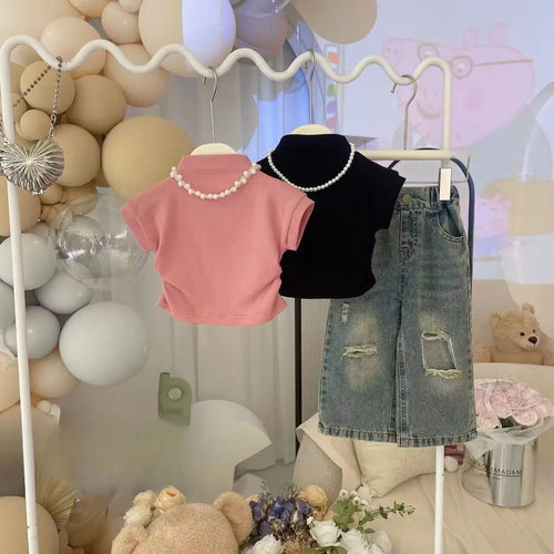 بنات صيف طقم قطعتين جديد كاجوال print ستايل أكمام قصيرة jeans and t-shirt foreign ستايل baby بنت and women's outfit