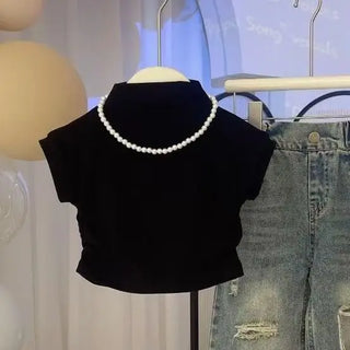 بنات صيف طقم قطعتين جديد كاجوال print ستايل أكمام قصيرة jeans and t-shirt foreign ستايل baby بنت and women's outfit