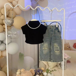 بنات صيف طقم قطعتين جديد كاجوال print ستايل أكمام قصيرة jeans and t-shirt foreign ستايل baby بنت and women's outfit