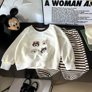 خريف جديد children's cotton sweater طقم striped korean كاجوال cartoon print formal warm ستايل