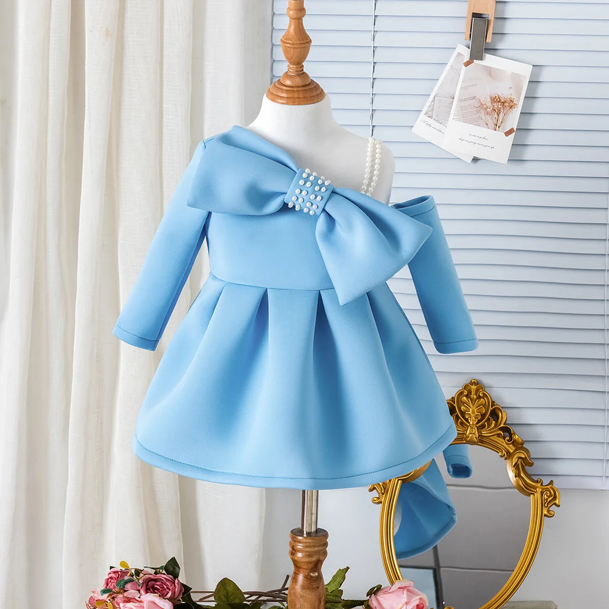 european and american ربيع وخريف جديد بنات pearl bow suspender أكمام طويلة فستان