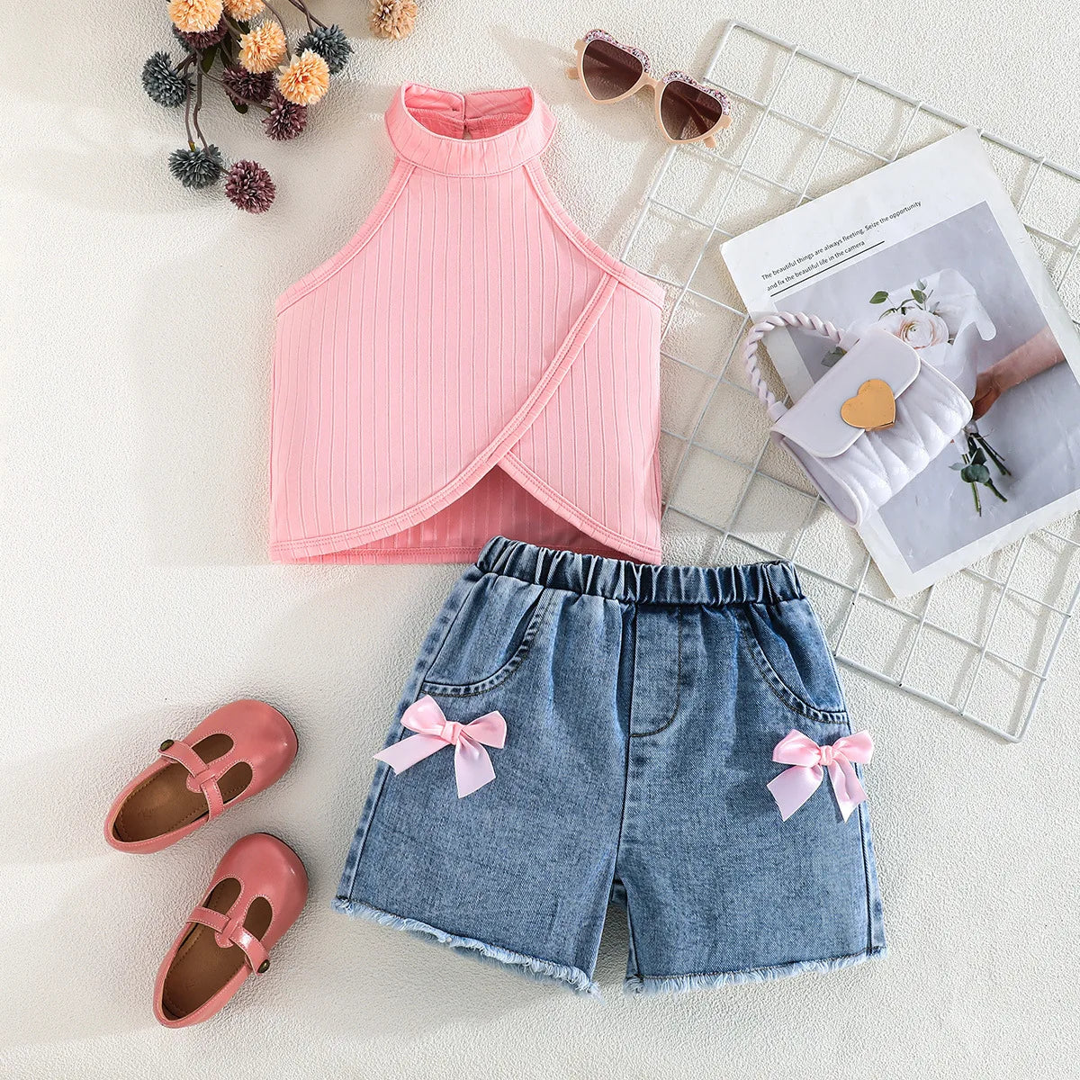 موضة 2025 جديد كاجوال sweet children's صيف clothing بدون أكمام توب with دينم pants طقم