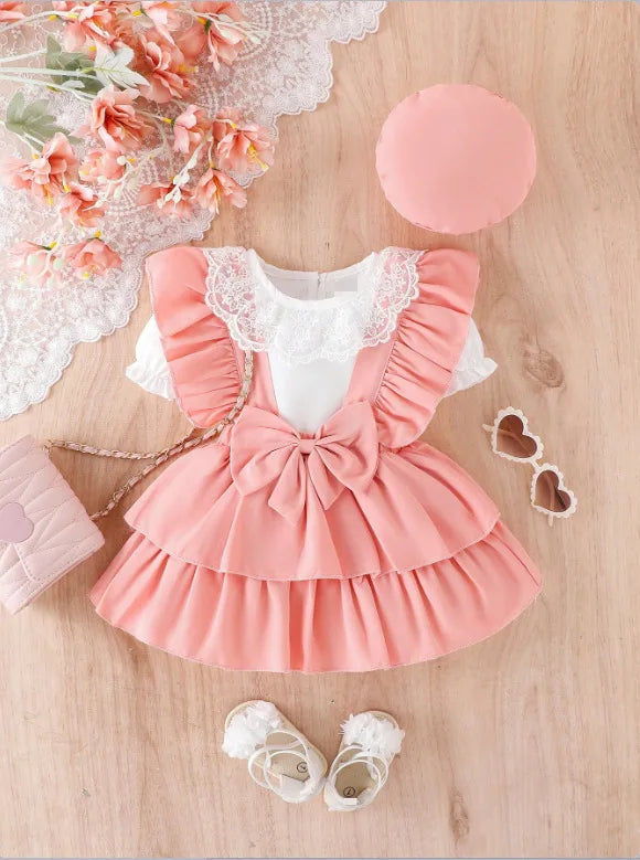 3pcs christmas baby بنات صيف clothes sets أكمام قصيرة lace collars romper tops solid suspender جيب hat toddlers' صيف