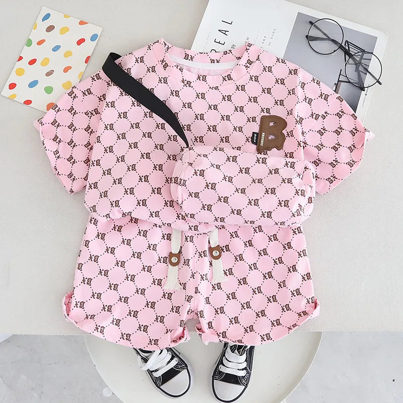 موضة 2025 جديد korean ستايل أولاد صيف بدلة أكمام قصيرة two-piece baby clothes with leopard logo design for أطفال