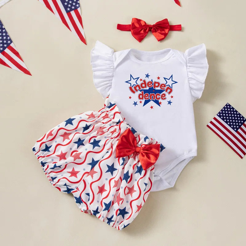 fashion newborn baby clothes baby independence day clothes printed بنات romper shorts hairbands 3 pieces طقم