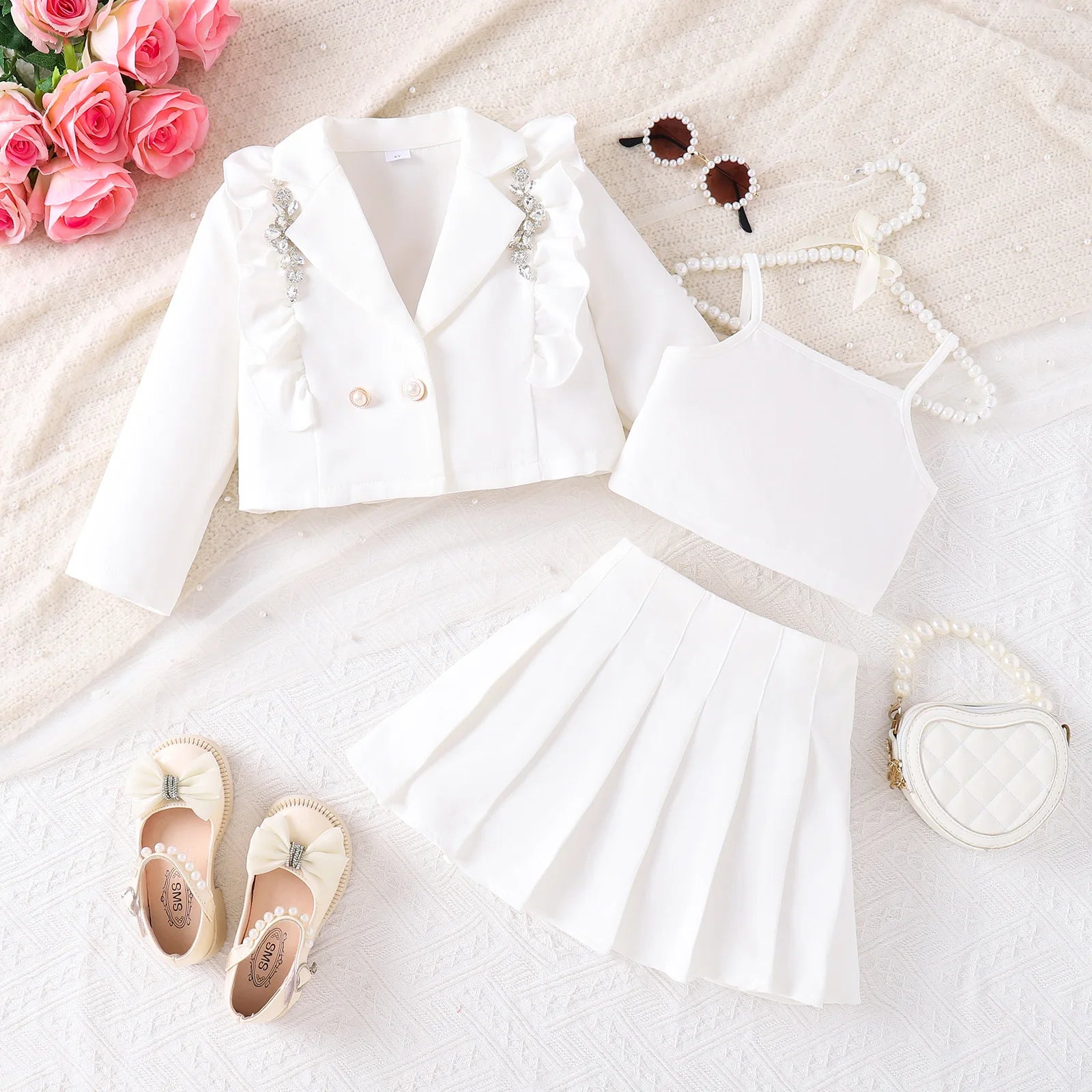 ربيع وخريف جديد ستايل بنت's طقم with strap inner coat and ruffle جيب 3-piece طقم