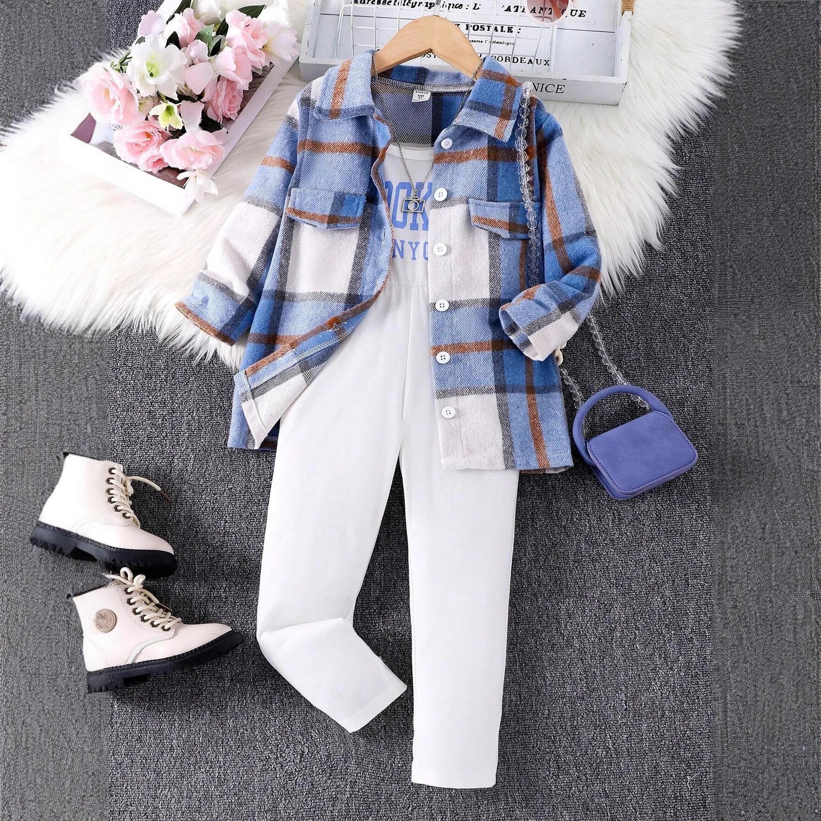 خريف/شتاء بنت's كاجوال طقم قطعتين plaid طويل-sleeved jacket and suspender جمبسوت with printed letter