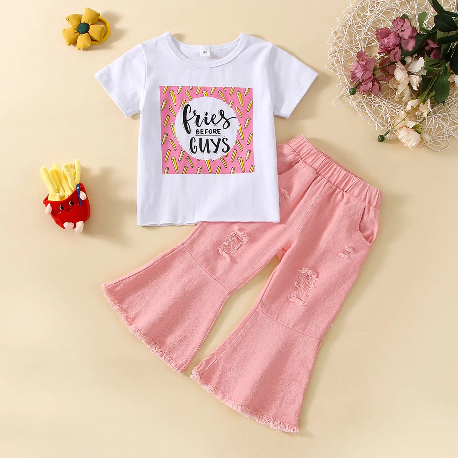جديد بنات' كاجوال صيف fashion طقم white cotton توب with أكمام قصيرةs & دينم bell pants featuring printed letters children