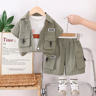 موضة 2025 أولاد كاجوال صيف بدلة ولد's treasure tooling أكمام قصيرة three-piece clothing cotton fabric for one-year-old children