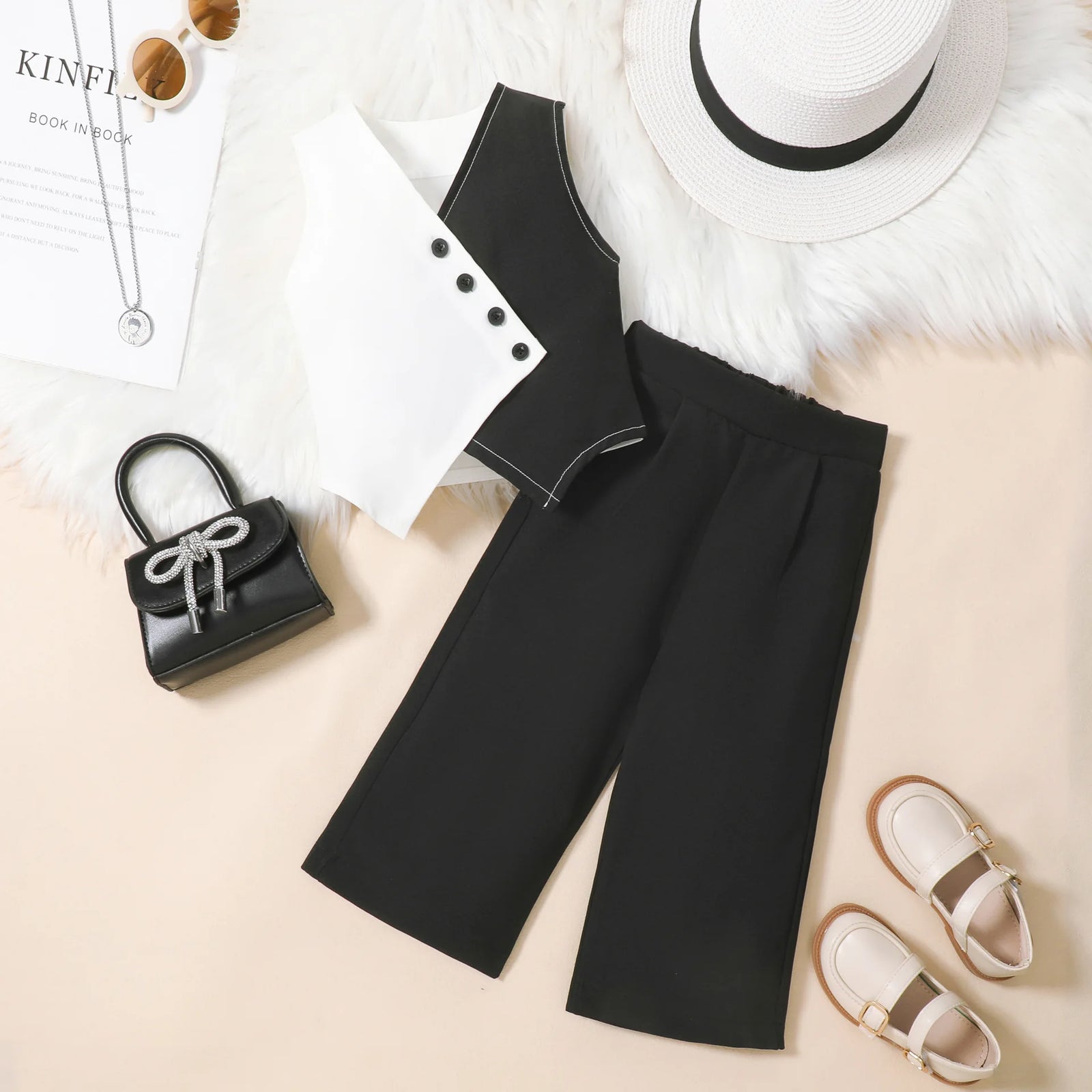بنات كاجوال صيف طقم جديد black white contrast v-neck waistcoat solid color wide leg pants size 7 years for صيف
