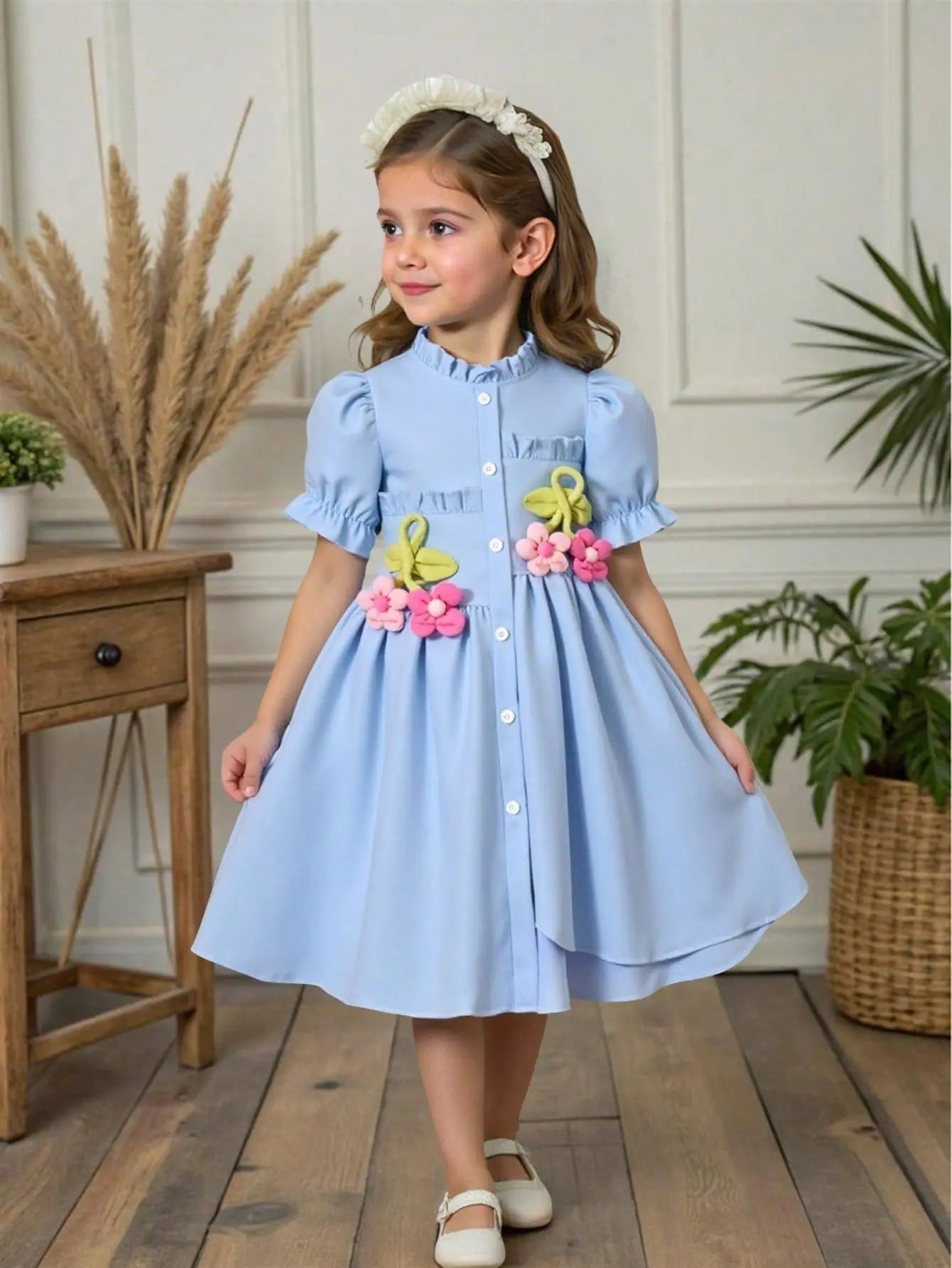 موضة 2025 أطفال clothes wholesale high quality solid color أكمام قصيرة sunflower shirt فستان