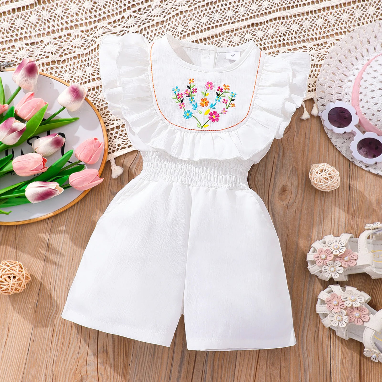 بنات' (small) جمبسوت، صيف round neck embroidered and wrapped جمبسوت