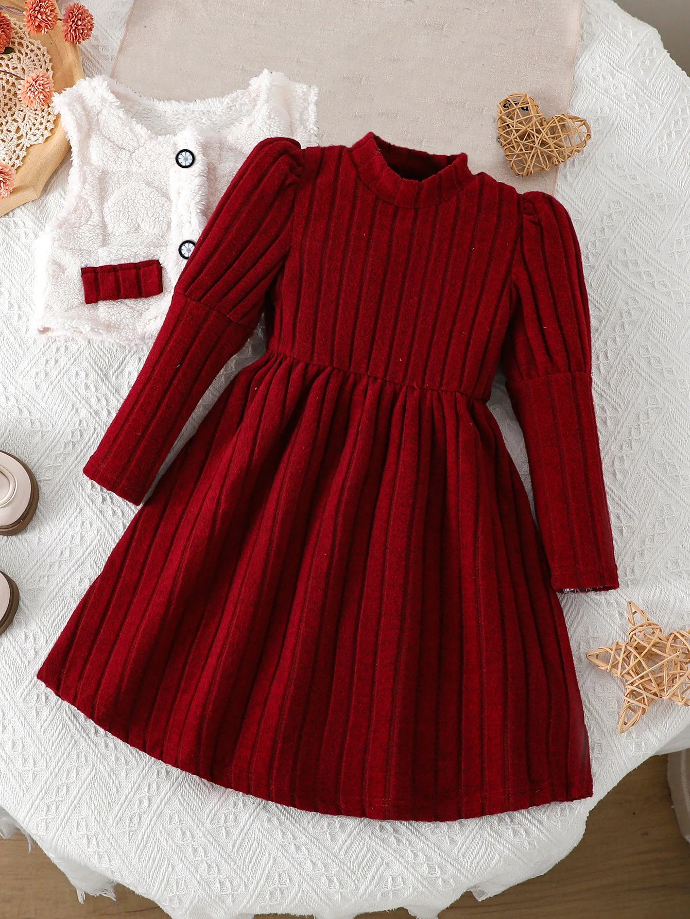 موضة 2025 جديد ربيع وخريف fur contrasting cardigan button ponytail velvet texture pit stripe solid color فستان 2-piece طقم