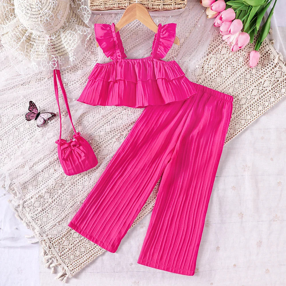 \جديد كاجوال print بنات' صيف lotus leaf كم sling pants بدلة for children's fashion\""