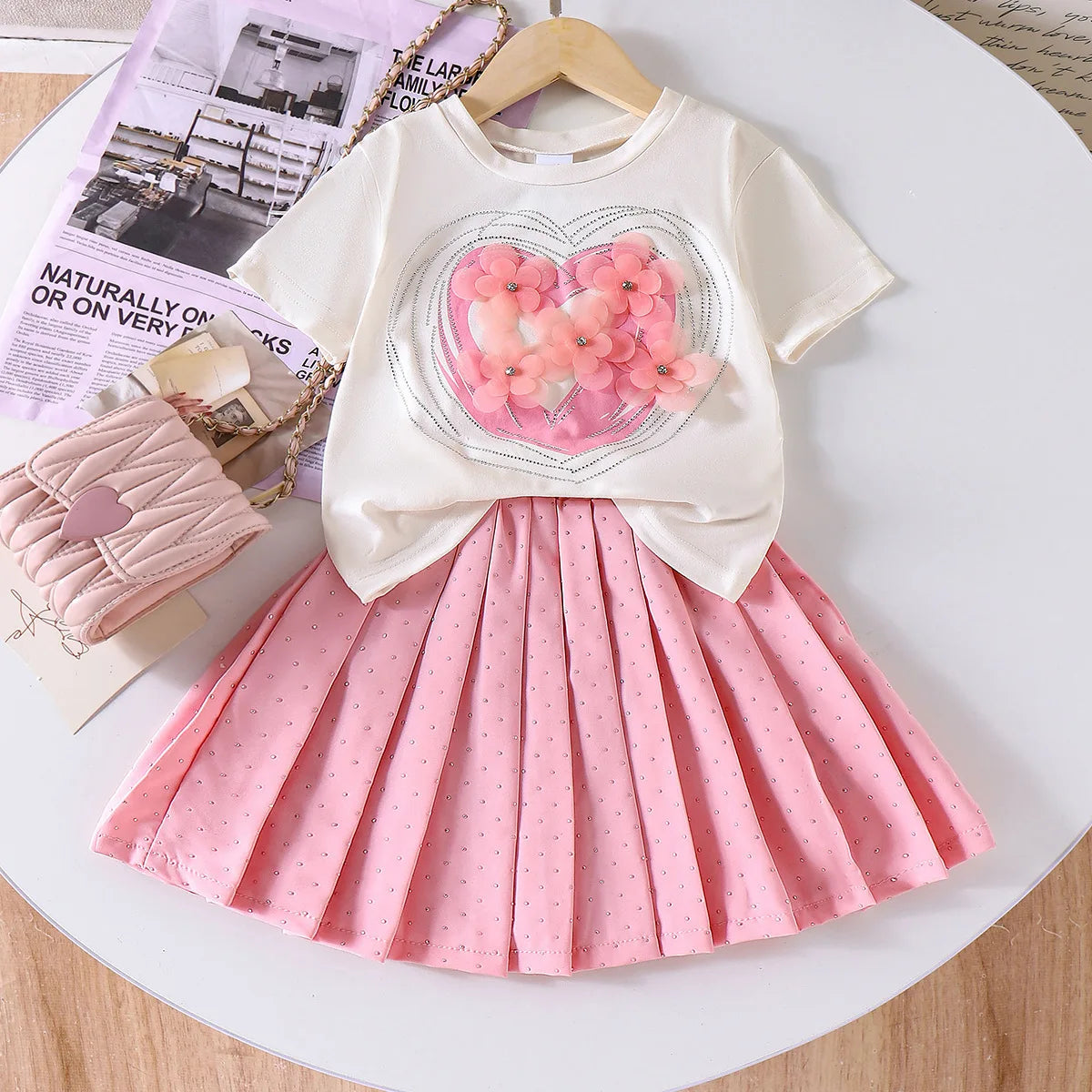 موضة 2025 صيف جديد بنت's طقم - cute أكمام قصيرةd t-shirt and بليسيه جيب طقم for children