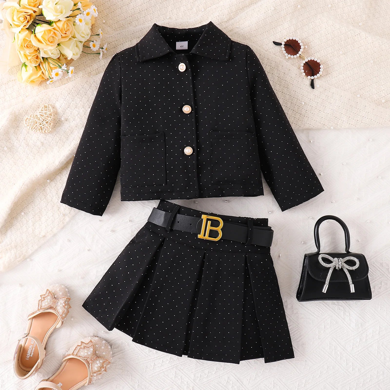 european and american بنات' كاجوال three-piece بدلة خريف شتاء أكمام طويلة بليسيه جيب with hot drill lapel pocket belt