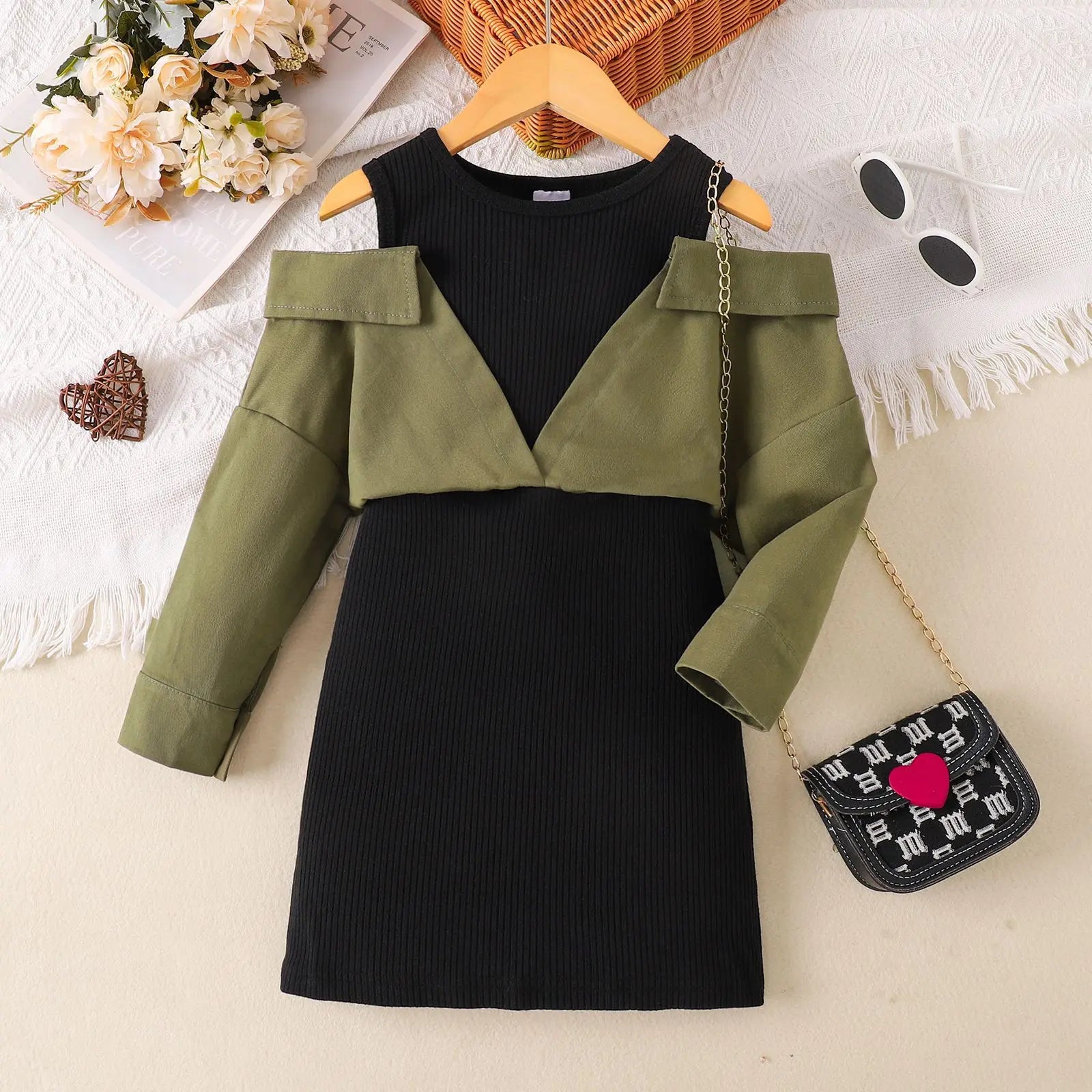 خريف جديد بنات' كاجوال off shoulder patchwork فستان