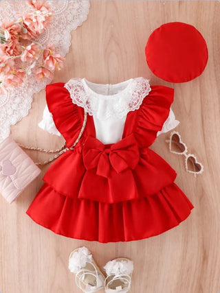 3pcs christmas baby بنات صيف clothes sets أكمام قصيرة lace collars romper tops solid suspender جيب hat toddlers' صيف