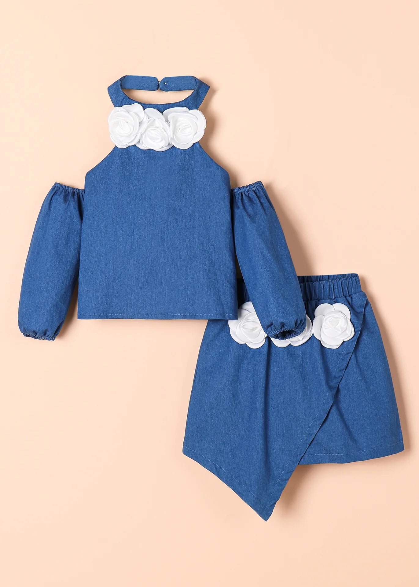 صيف جديد بنت كاجوال طقم قطعتين solid color three-dimensional flower jacket جيب shoulder hanging neck