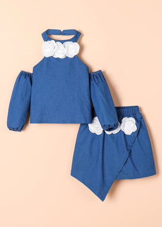 صيف جديد بنت كاجوال طقم قطعتين solid color three-dimensional flower jacket جيب shoulder hanging neck