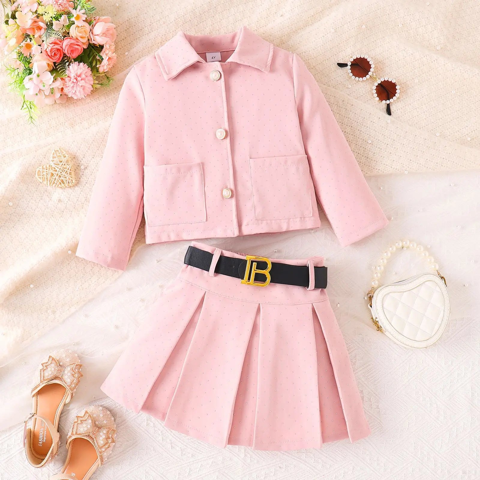 european and american بنات' كاجوال three-piece بدلة خريف شتاء أكمام طويلة بليسيه جيب with hot drill lapel pocket belt