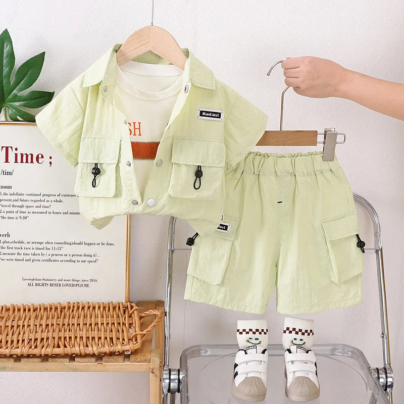 موضة 2025 أولاد كاجوال صيف بدلة ولد's treasure tooling أكمام قصيرة three-piece clothing cotton fabric for one-year-old children