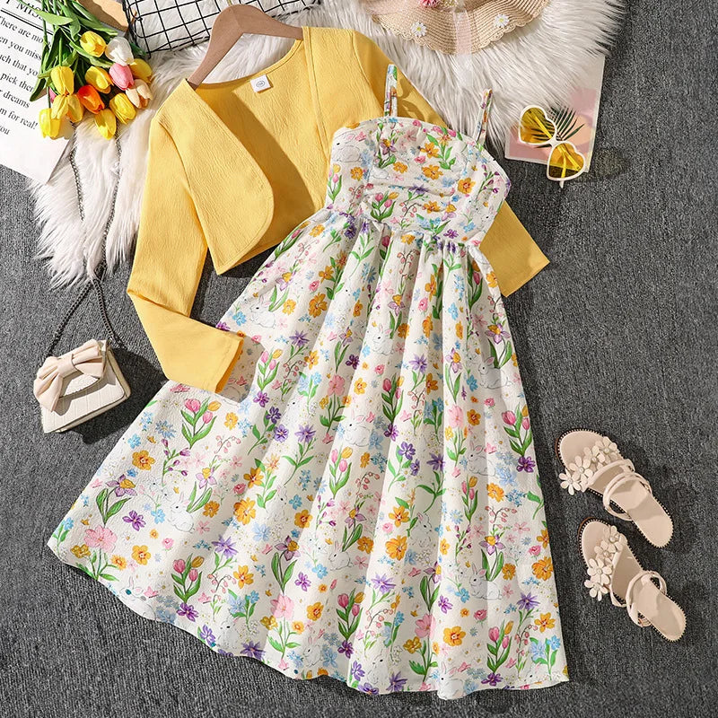 موضة 2025 خريف بنات clothing طقم cross-border بدلة floral pastoral ستايل أكمام طويلة أميرة جيب condole belt