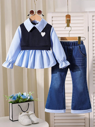 خريف جديد بنات flip-collar shirt stitching توب with دينم bell pants two-piece