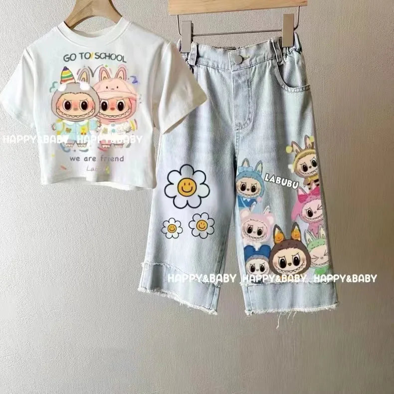 موضة 2025 جديد بنات كاجوال solid pattern bow jeans children's foreign ستايل wide leg pants big أطفال straight pants
