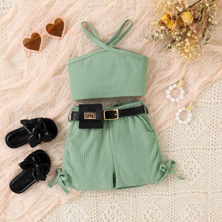 موضة 2025 european american بنات' cotton shorts waist pack three-piece بدلة children's clothing sets