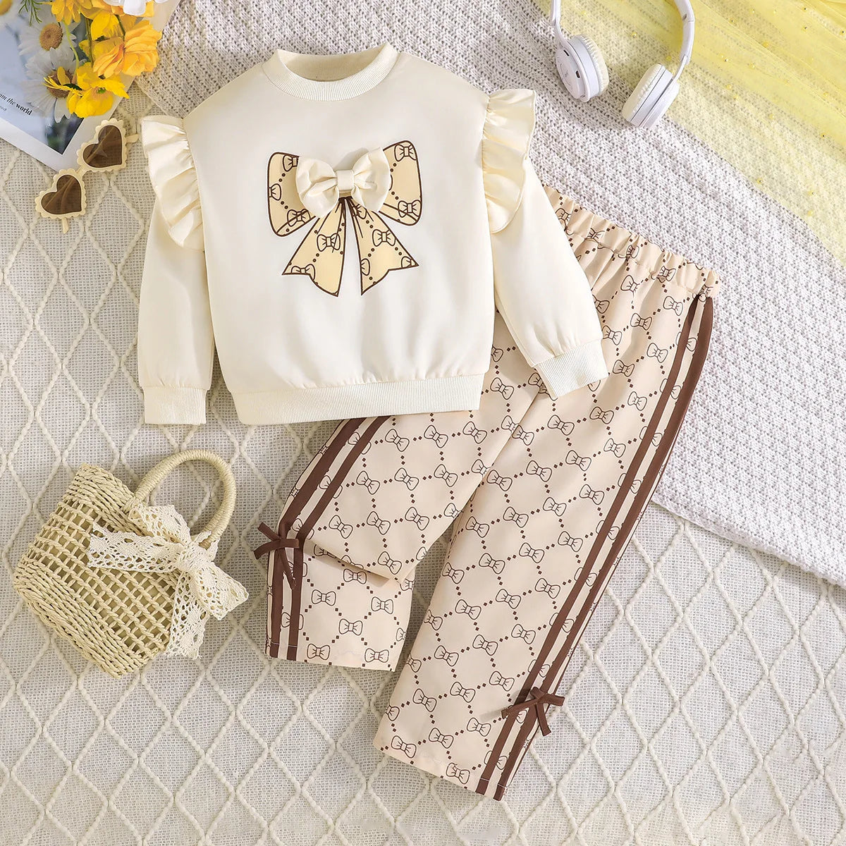 بنات boutique three-dimensional bow أكمام طويلة توب and bow printed fashion pants ربيع وخريف toddler suits for صيف