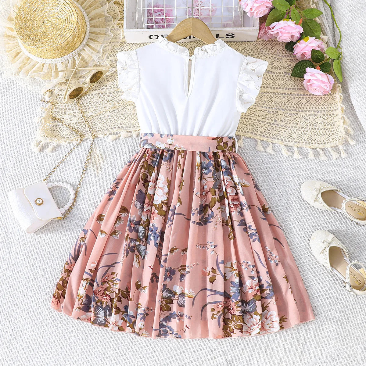 cuhk بنات' صيف بدون أكمام بليسيه فستان fly كم design neck button decoration solid pattern knitted fabric includes belt
