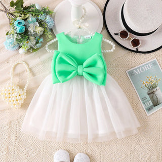 0-3y baby girks dresses pink green بدون أكمام bows spliced تل جيب بنات clothes infant solid cute صيف بنت clothes