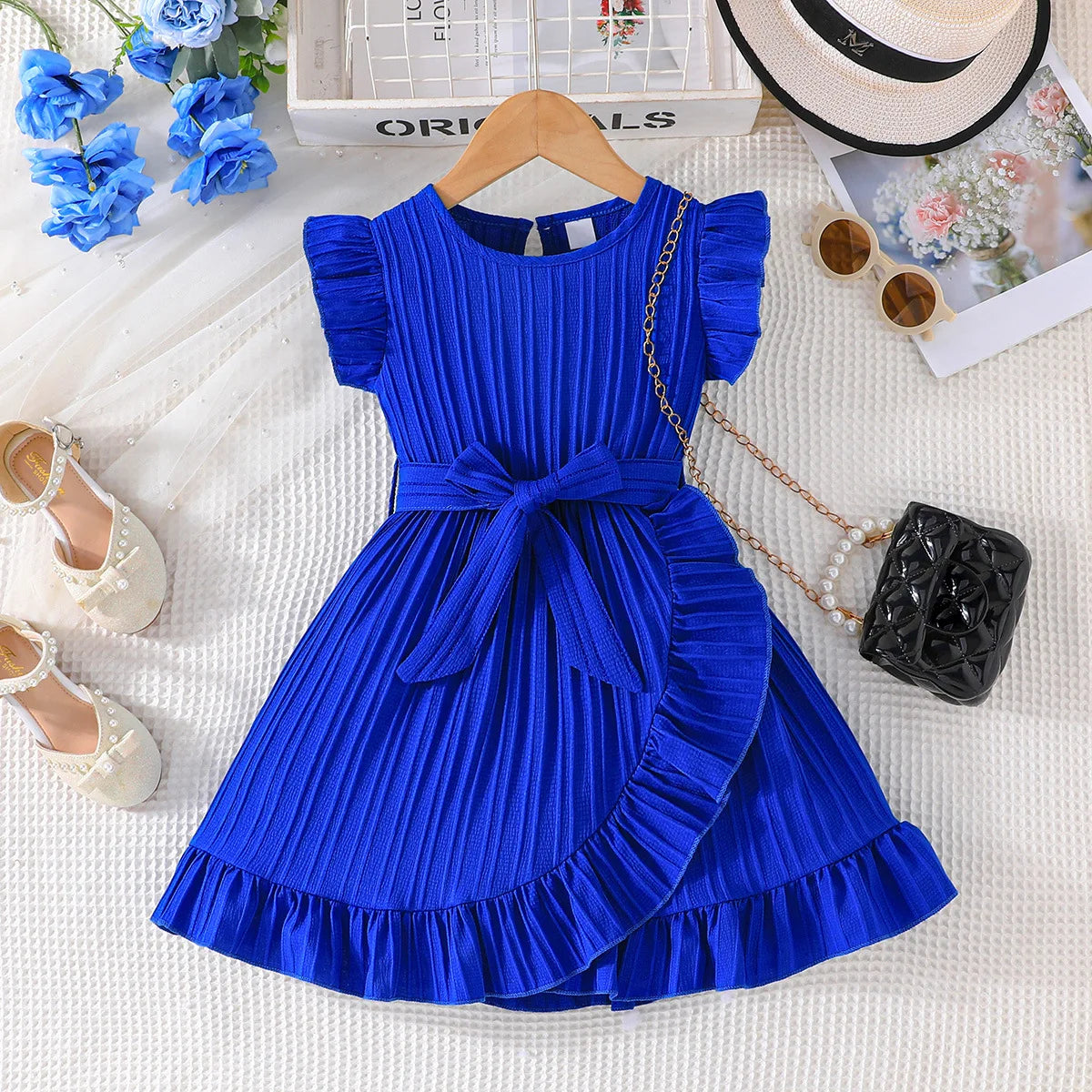 صيف بنات' جديد solid color wave stripe كم كشكش round neck ruffle edge فستان with waist belt