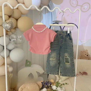 بنات صيف طقم قطعتين جديد كاجوال print ستايل أكمام قصيرة jeans and t-shirt foreign ستايل baby بنت and women's outfit