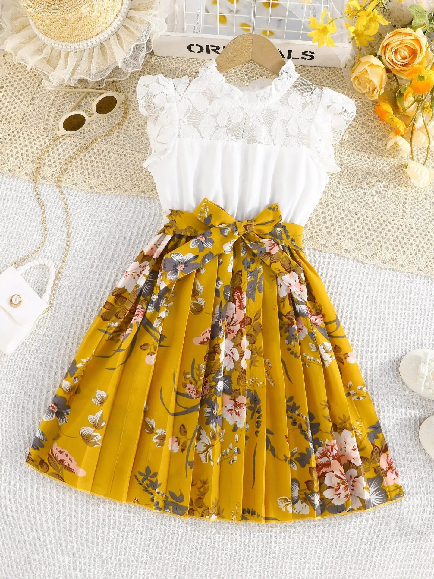 cuhk بنات' صيف بدون أكمام بليسيه فستان fly كم design neck button decoration solid pattern knitted fabric includes belt