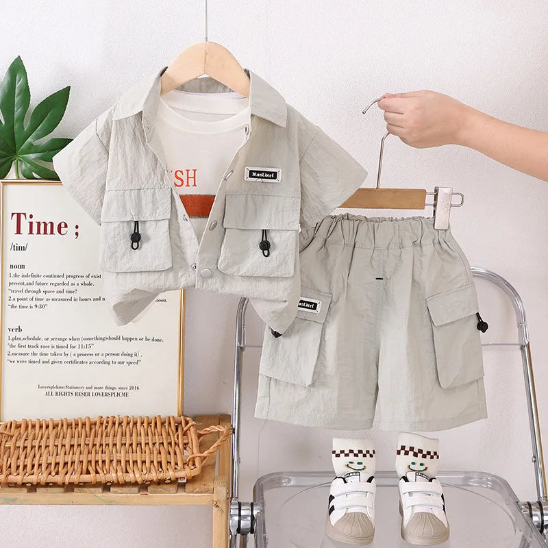موضة 2025 أولاد كاجوال صيف بدلة ولد's treasure tooling أكمام قصيرة three-piece clothing cotton fabric for one-year-old children