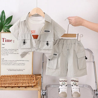 موضة 2025 أولاد كاجوال صيف بدلة ولد's treasure tooling أكمام قصيرة three-piece clothing cotton fabric for one-year-old children