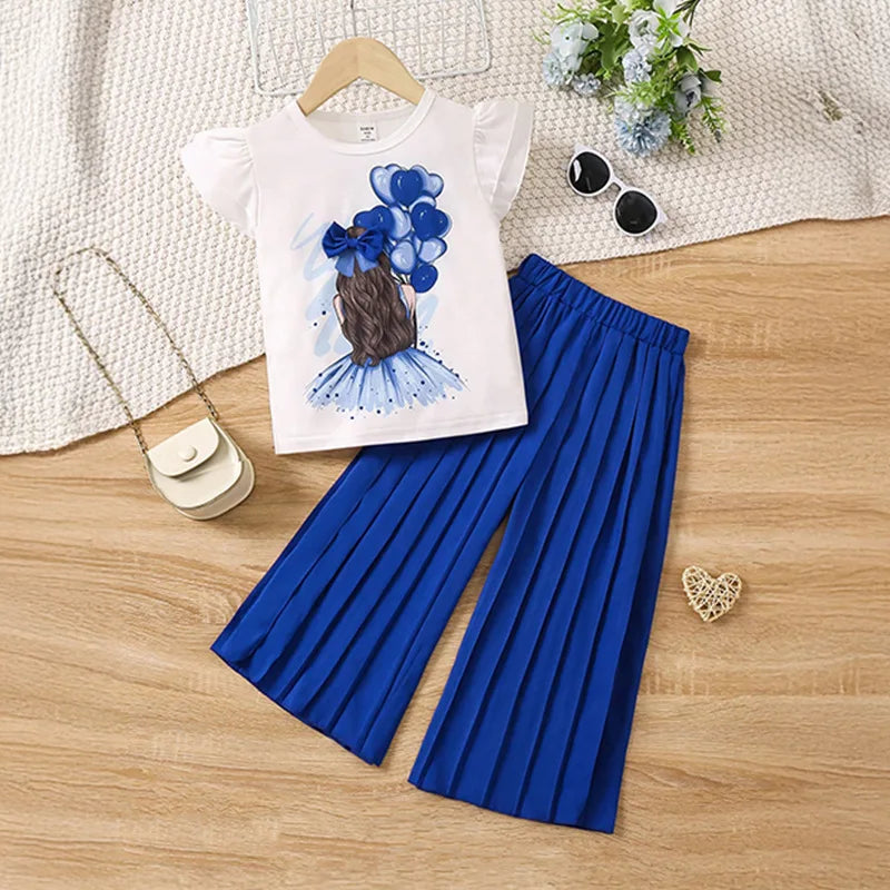 موضة 2025 صيف جديد white كم كشكش fashion jacket pants بدلة for small and medium بنات cotton printed cross-border بدلة